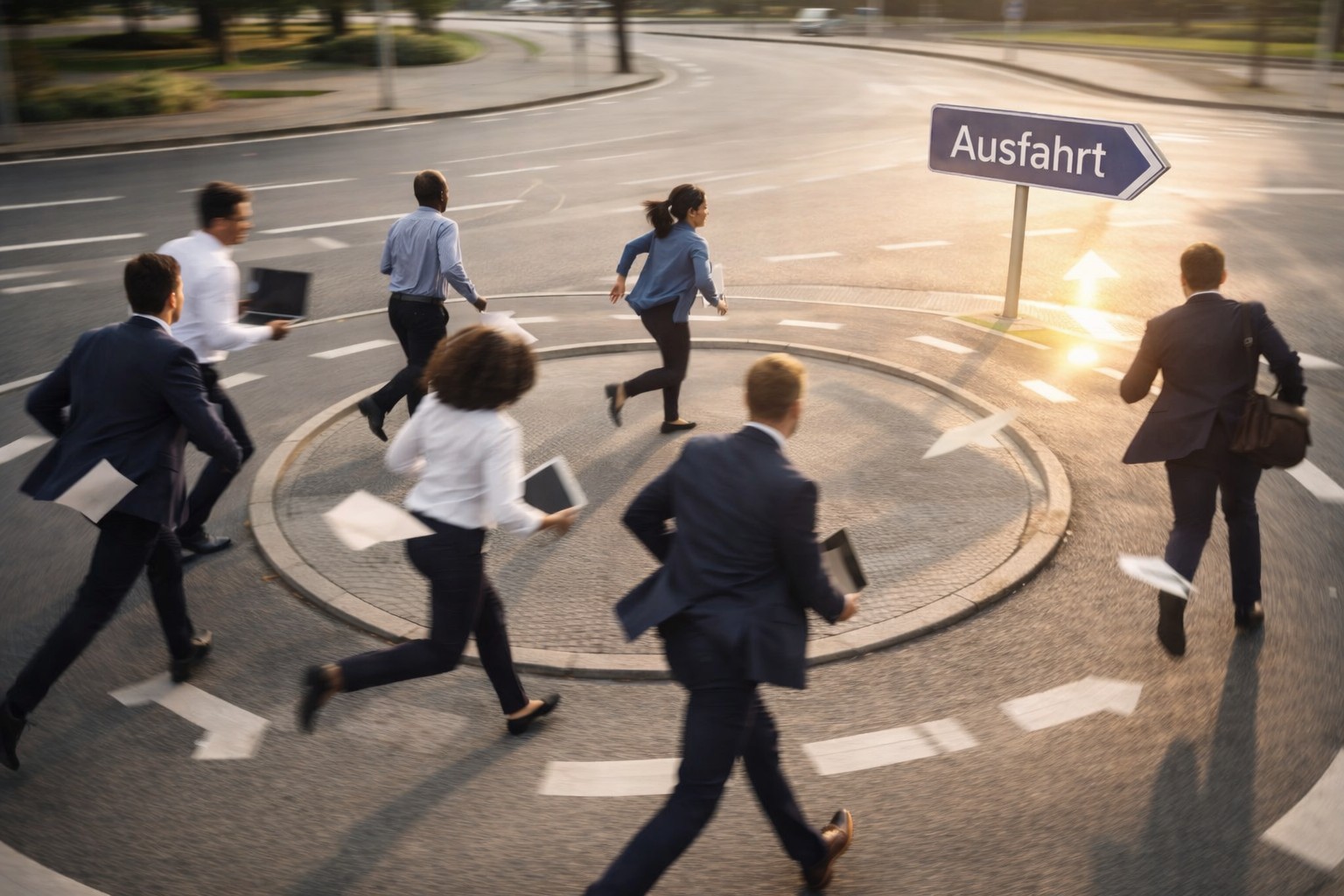 Team bewegt sich auf einem Kreisverkehr in Richtung einer ausgeschilderten Ausfahrt.