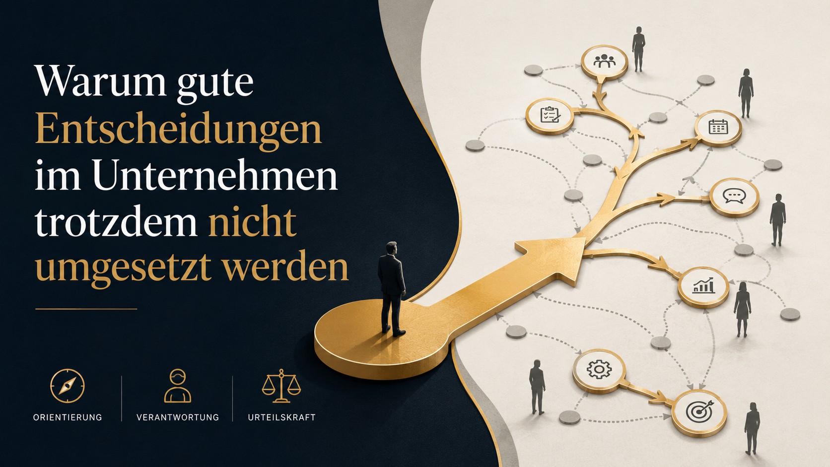 Grafik zu Unternehmensentscheidungen: goldener Schlüssel mit verzweigten Wegen als Symbol dafür, warum gute Entscheidungen im Unternehmen oft nicht verlässlich umgesetzt werden.